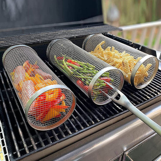 Rolling Grilling Basket Metal BBQ Barbecue Basket Net Portable Outdoor Camping Barbecue Rack Kitchen Gadgets null