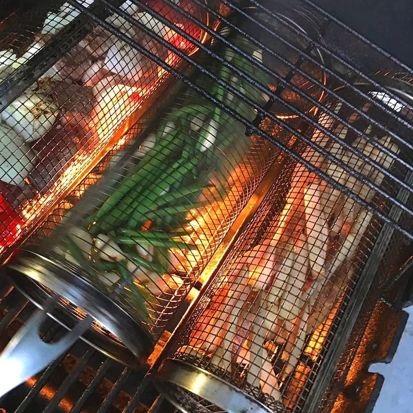 Rolling Grilling Basket Metal BBQ Barbecue Basket Net Portable Outdoor Camping Barbecue Rack Kitchen Gadgets null