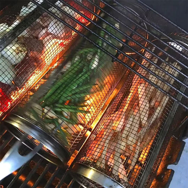 Rolling Grilling Basket Metal BBQ Barbecue Basket Net Portable Outdoor Camping Barbecue Rack Kitchen Gadgets null