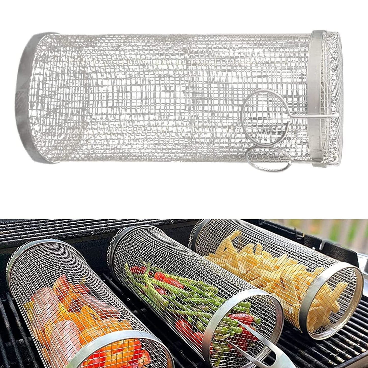 Rolling Grilling Basket Metal BBQ Barbecue Basket Net Portable Outdoor Camping Barbecue Rack Kitchen Gadgets null