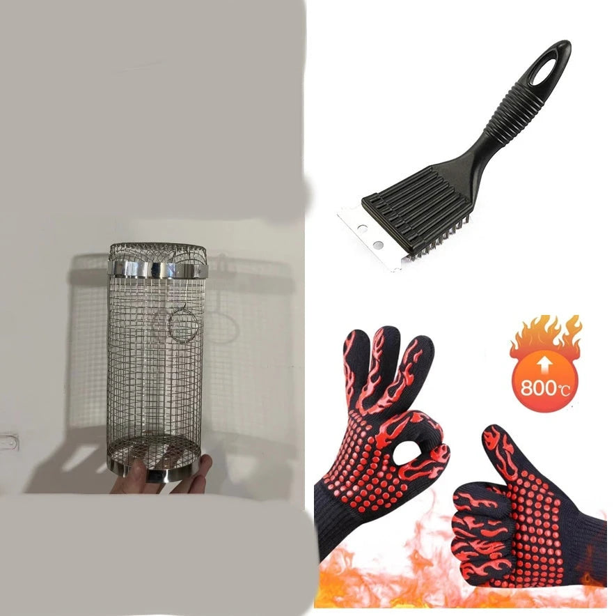 Rolling Grilling Basket Metal BBQ Barbecue Basket Net Portable Outdoor Camping Barbecue Rack Kitchen Gadgets null