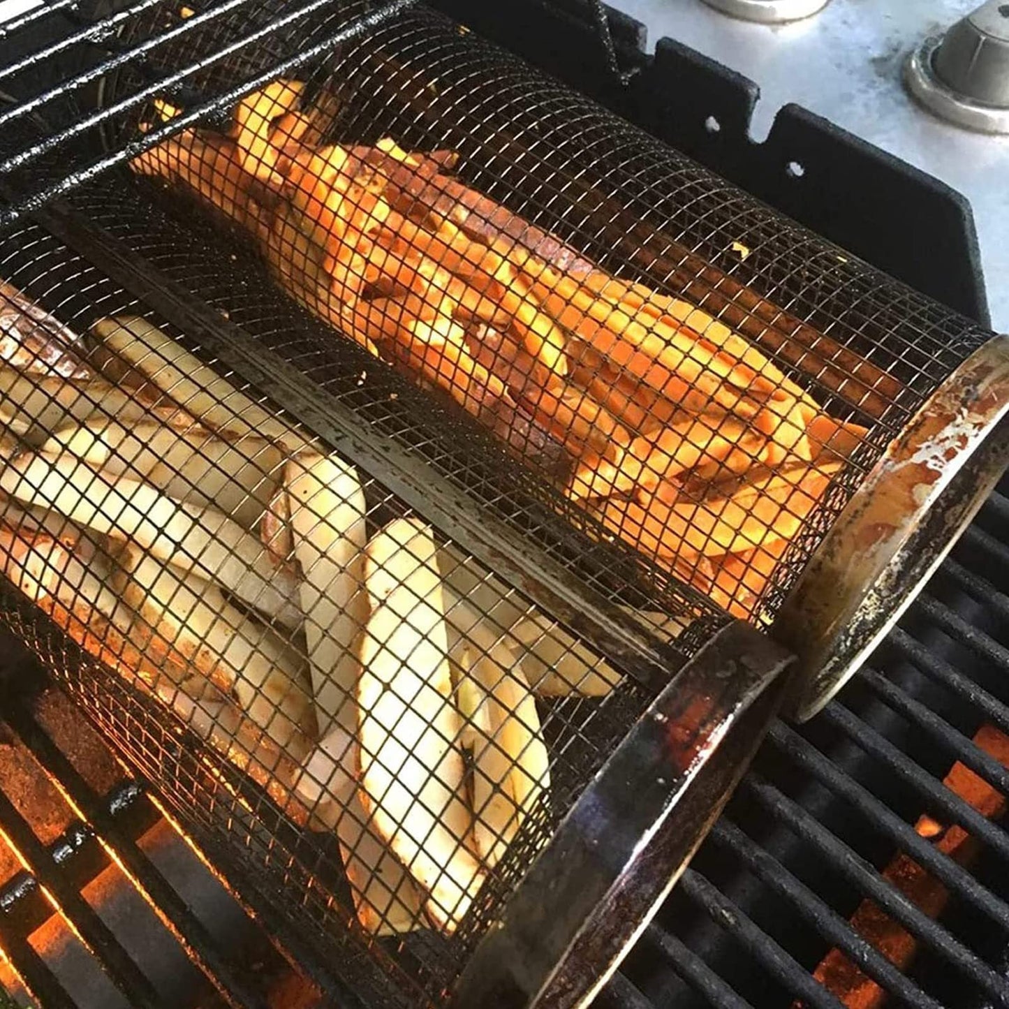 Rolling Grilling Basket Metal BBQ Barbecue Basket Net Portable Outdoor Camping Barbecue Rack Kitchen Gadgets null