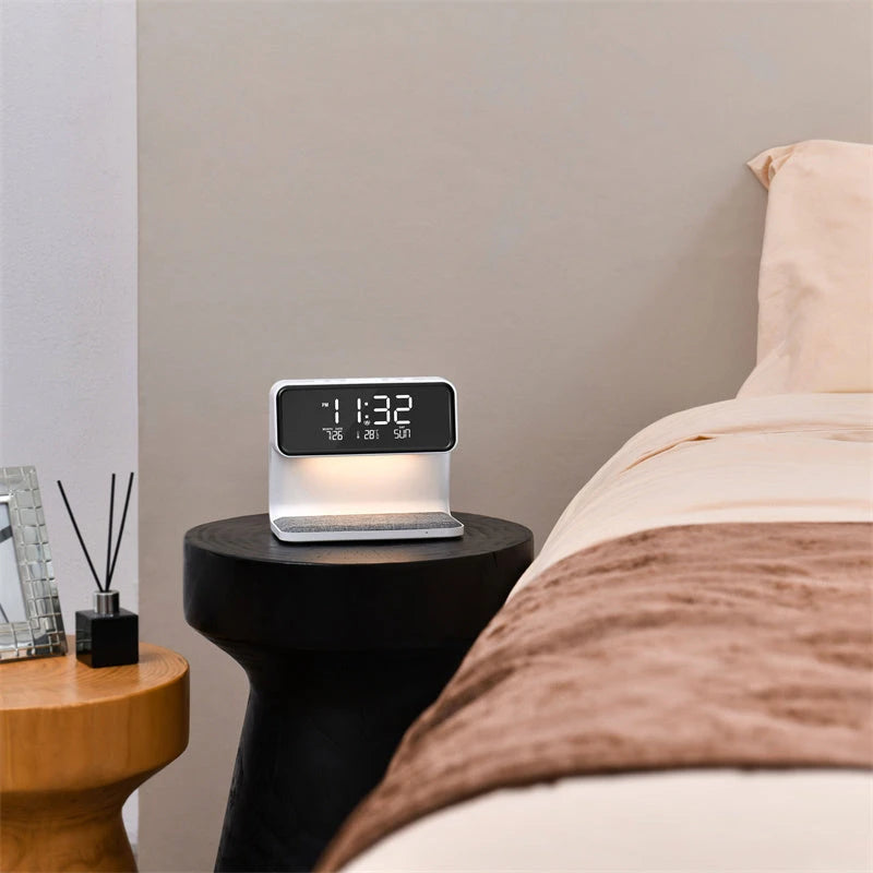 Creative 3 In 1 Bedside Lamp Wireless Charging LCD Screen Alarm Clock  Wireless Phone Charger null