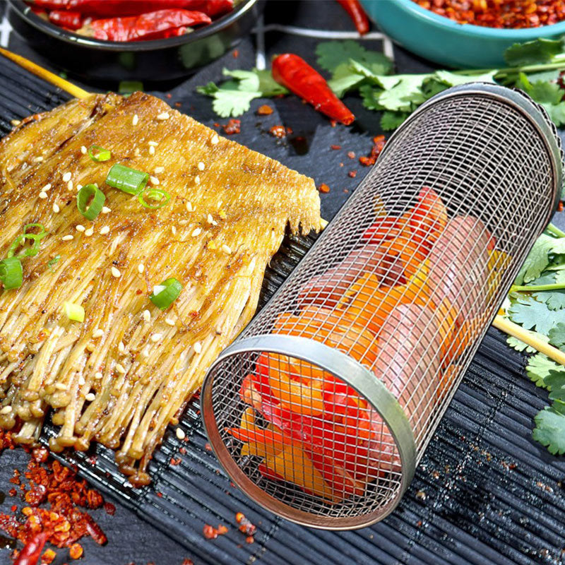 Rolling Grilling Basket Metal BBQ Barbecue Basket Net Portable Outdoor Camping Barbecue Rack Kitchen Gadgets null